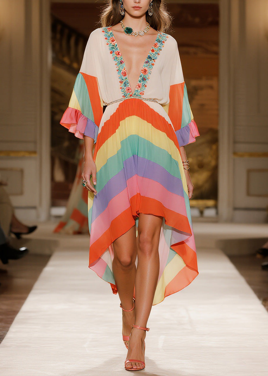 V Neck Print Low High Design Chiffon Dress Summer