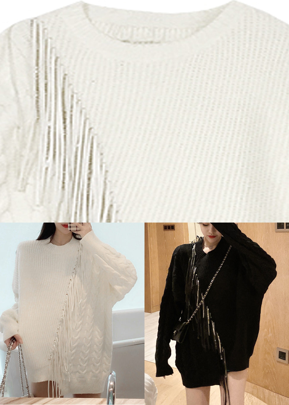 White Asymmetrical Patchwork Thick Cotton Knit Sweaters Spring