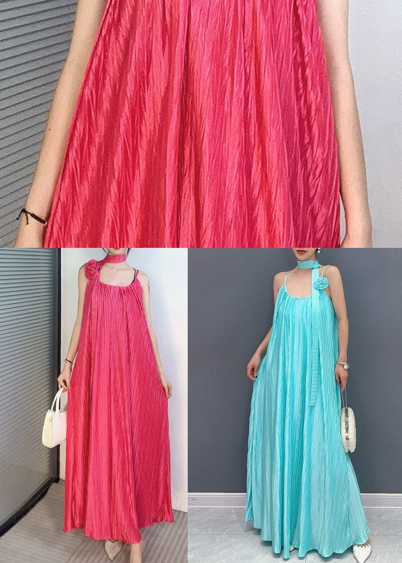 Fine Blue Cold Shoulder Silk Spaghetti Strap Dress Summer