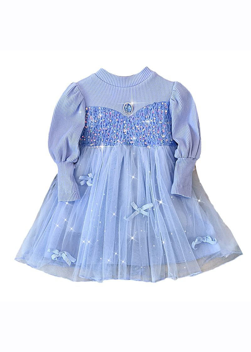 Fine Blue Knit Patchwork Sequins Diamond Tulle Long Dress Fall