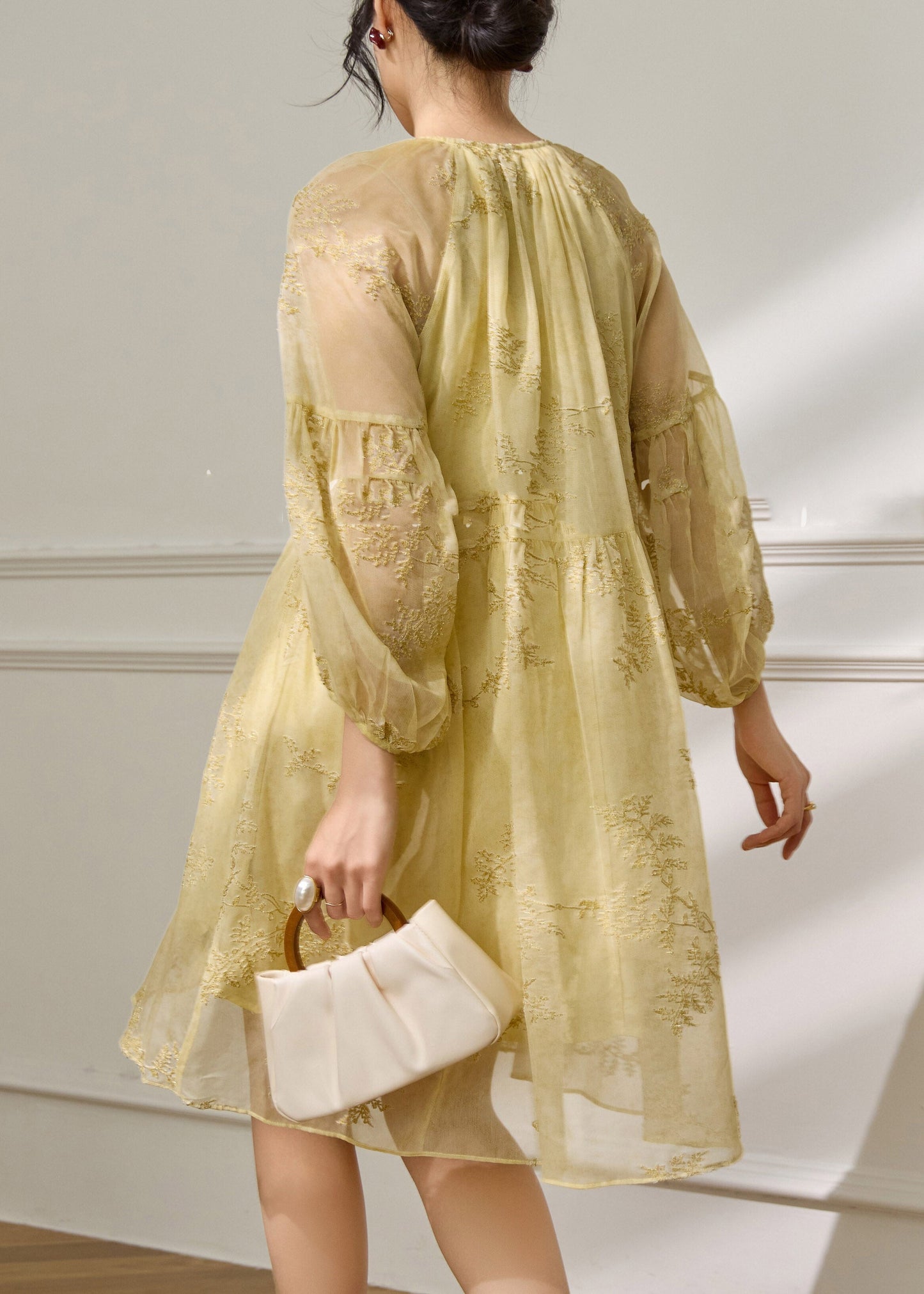 Fine Yellow V Neck Tie Lace Chiffon Mid Dress Spring