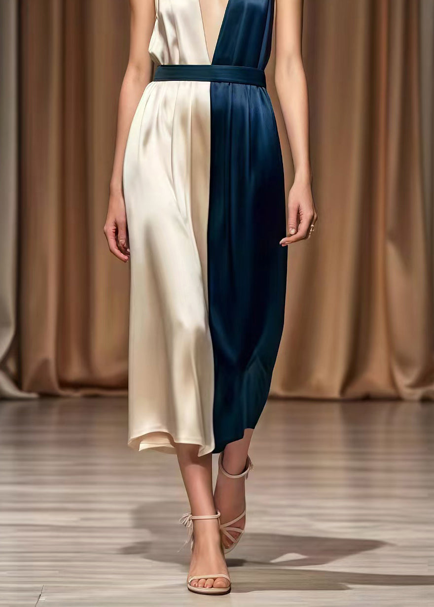 Fitted Colorblock Deep-v Neck Patchwork Silk Robe Dresses Summer