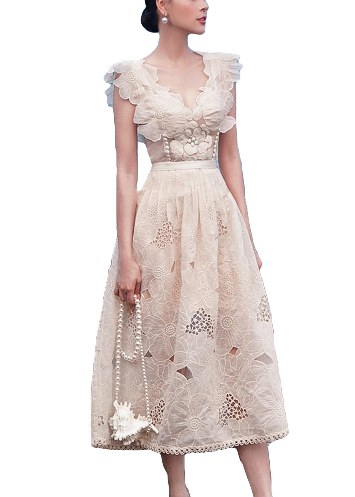 Apricot V Neck Hollow Out Cotton Dresses Sleeveless