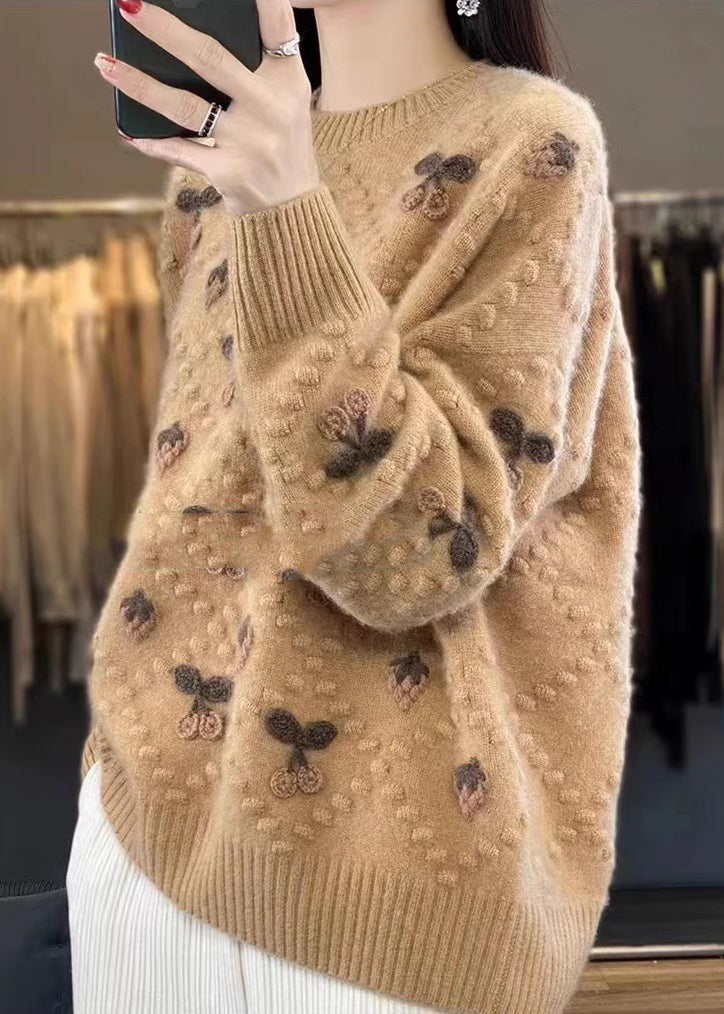 Beige O Neck Cozy Cotton Knit Sweaters Long Sleeve