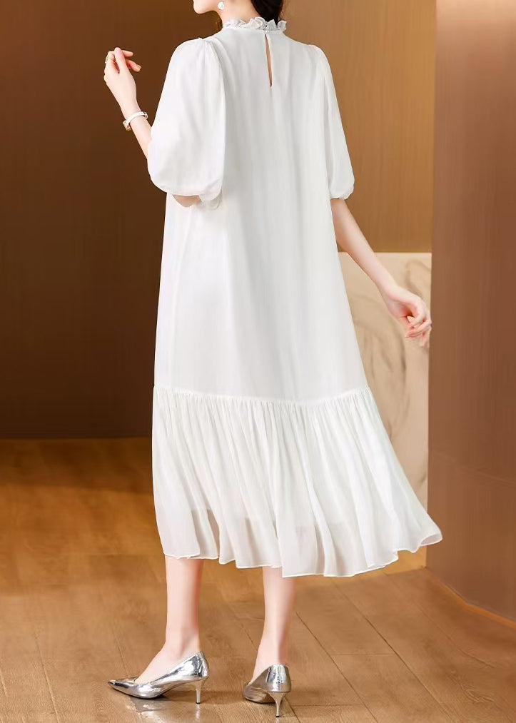 White Ruffled Silk Long Dress Summer