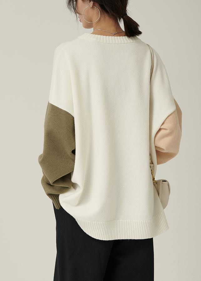 For Spring Fall Nude Knitwear Fall O Neck Patchwork Blouse