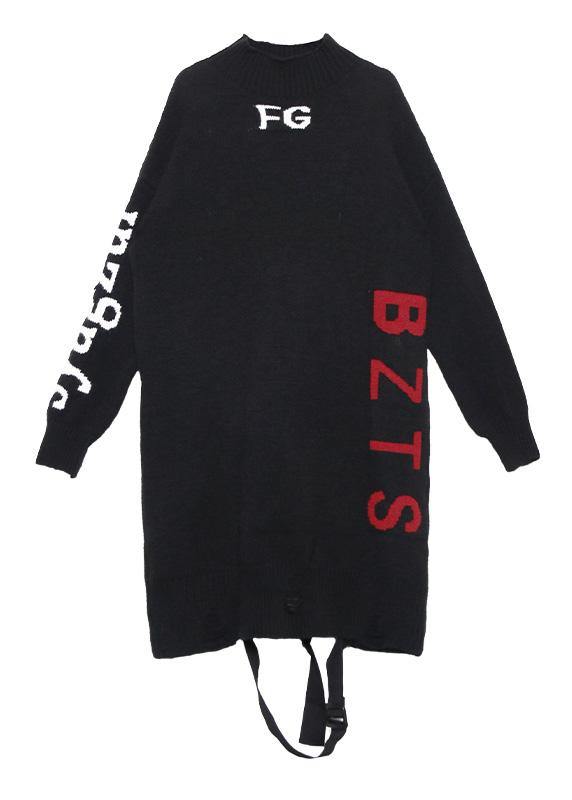 For Work Alphabet Sweater High Neck Dress Outfit Black Funny Knit Dress