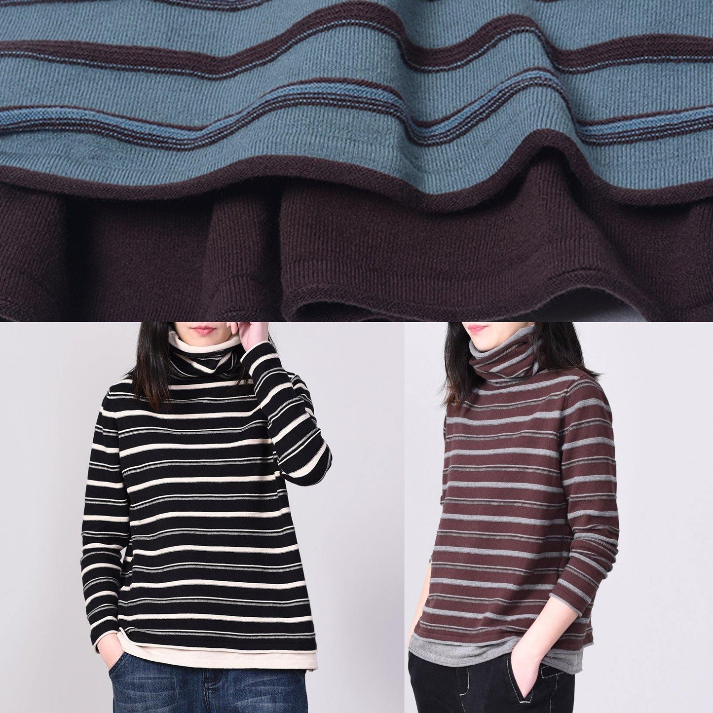 For Work Blue Knitted Blouse Striped Sweaters High Neck