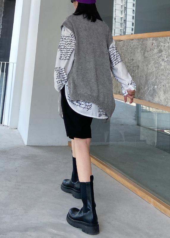 For Work Gray Sweater Tops O Neck Sleeveless Oversize Knitwear