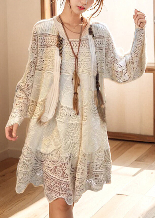 French Beige Hollow Out Lace Mid Dress Spring