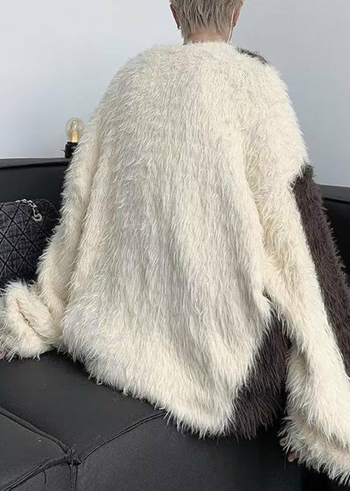 French Beige O-neck Patchwork Mink Velvet Sweater Winter