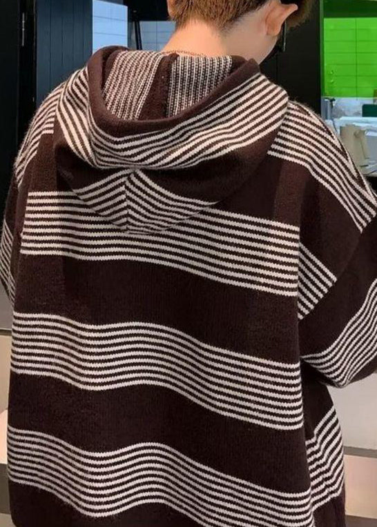 French Black Hooded Striped Knit Sweaters Winter
