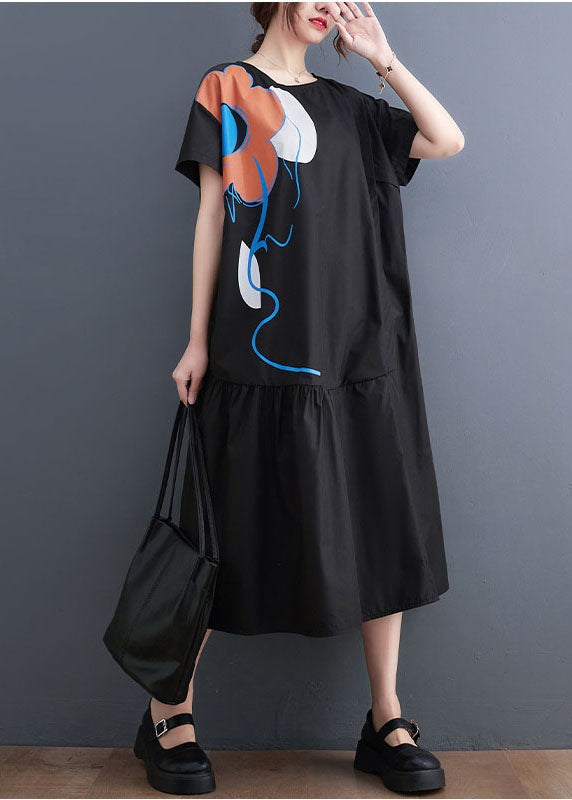 French Black O-neck Patchwork Wrinkled Cotton Party Dress Summer