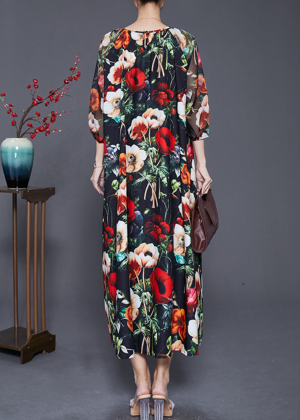 French Black Oversized Print Draping Chiffon Dresses Summer