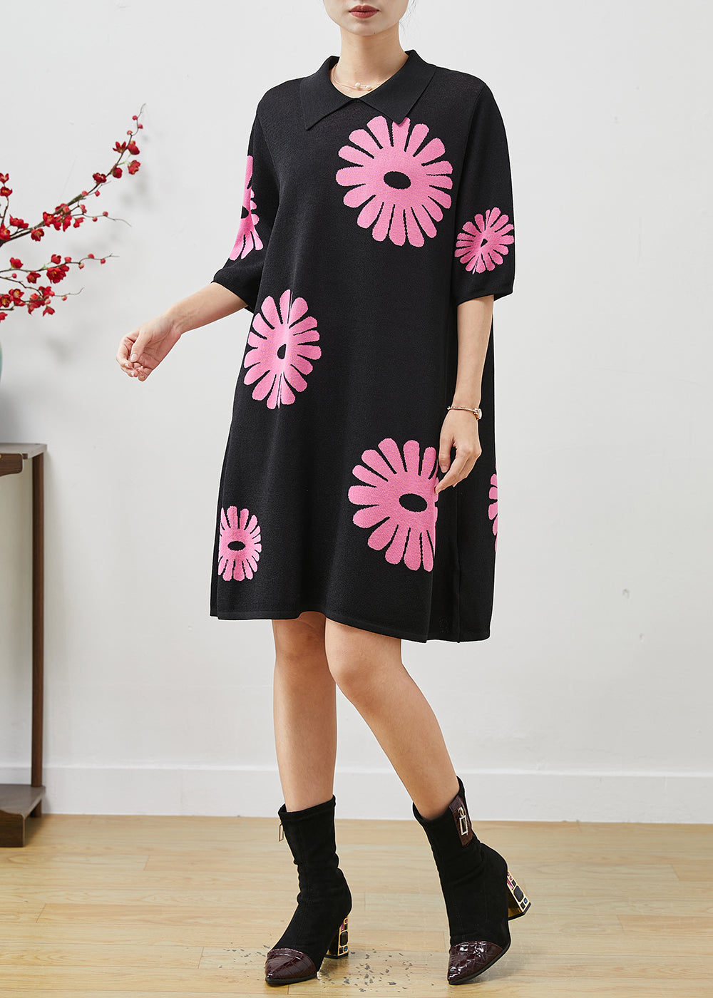 French Black Peter Pan Collar Cotton Mid Dresses Summer