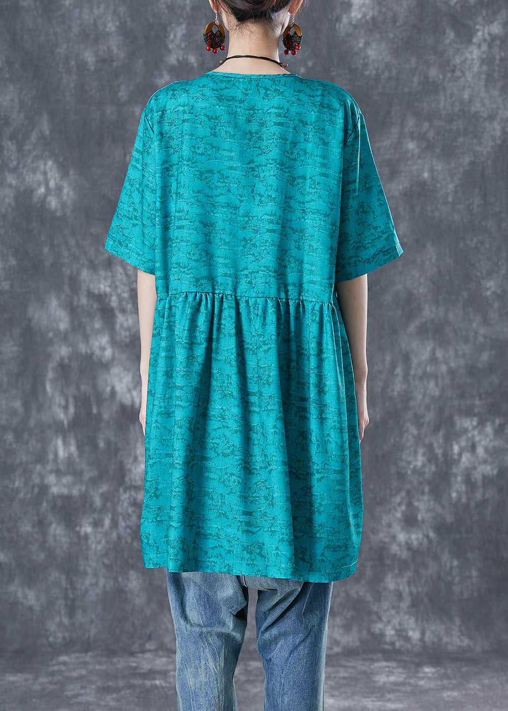 French Blue O-neck Print Pockets Cotton Holiday Dress Summer