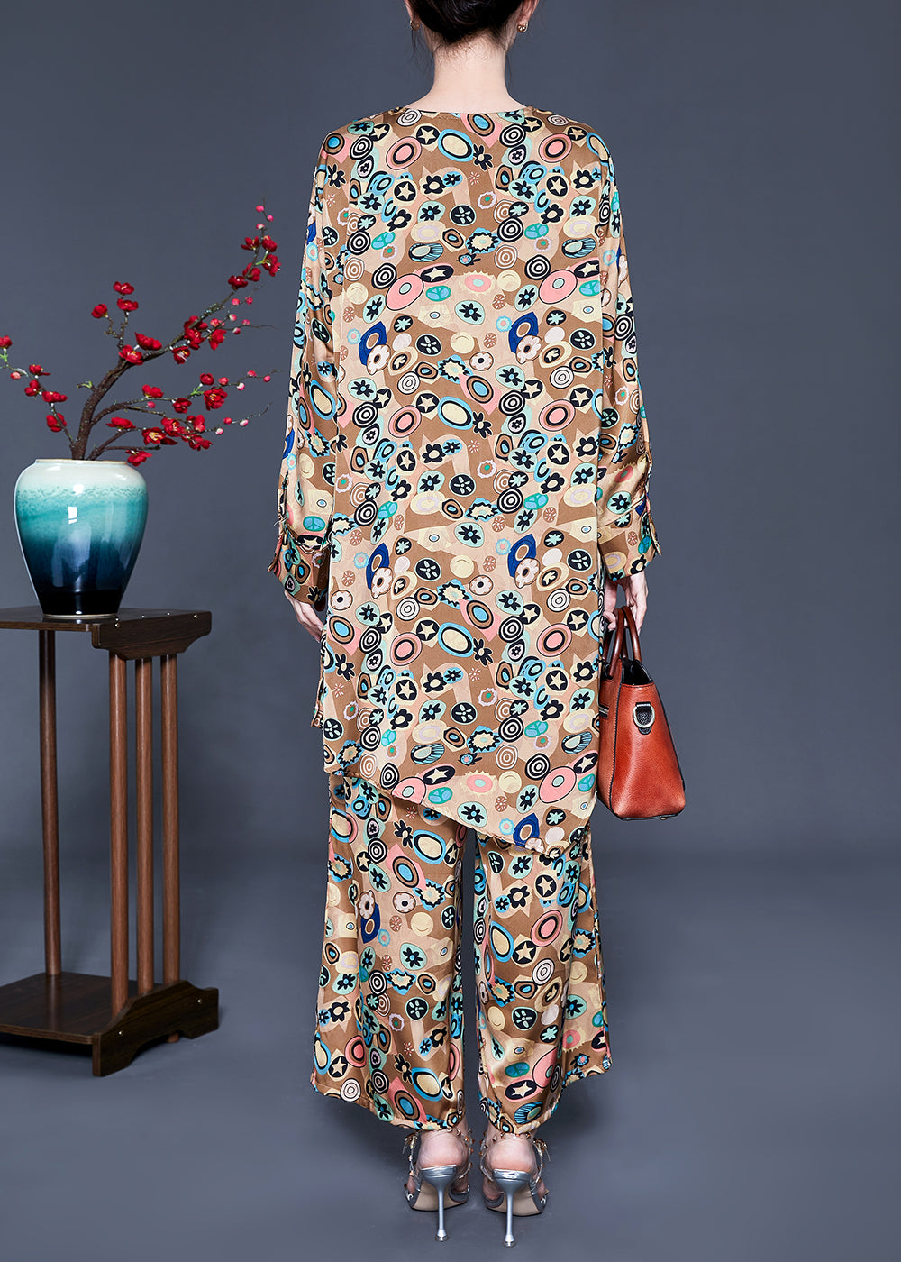 French Khaki Print Tie Waist Asymmetrical Design Silk Two-piece Set Summer