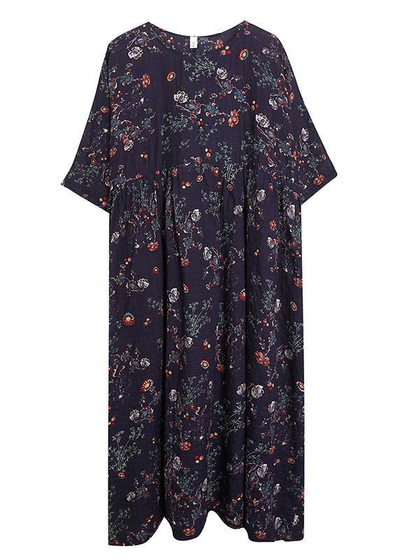 French Navy Print Pockets Loose Summer Half Sleeve Long Dress
