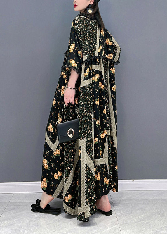 French O-neck Print Ruffled Patchwork Beach Long Dresses Half Sleeve