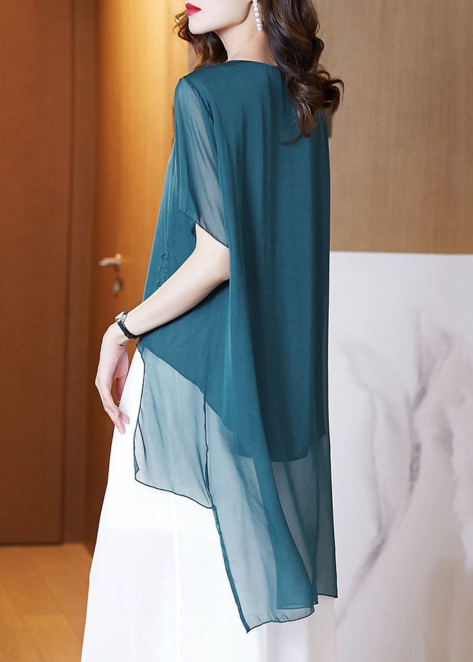 French Peacock Blue O-neck Asymmetrical Patchwork Chiffon Shirts Tops Summer