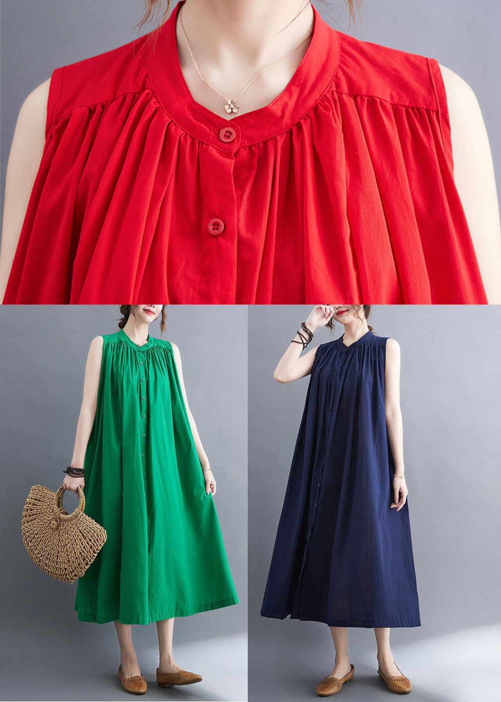 French Red O-neck Wrinkled Cotton a Line Dresses Sleeveless