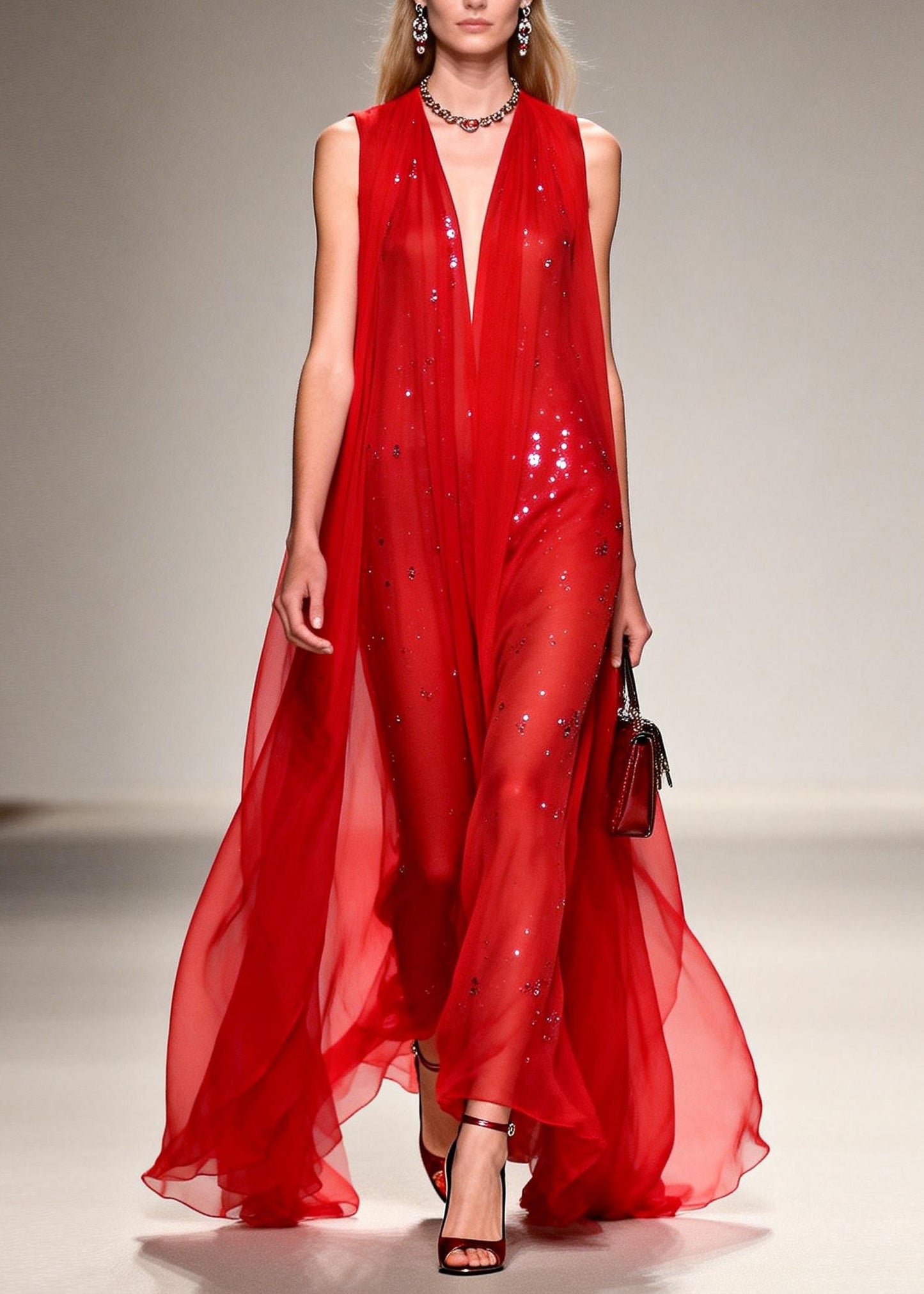 French Red V Neck Zircon Patchwork Chiffon Ankle Dress Sleeveless
