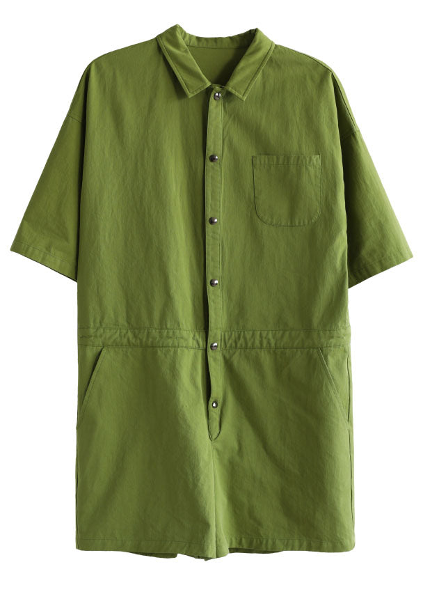 French Green Button Peter Pan Collar Pocket Cotton Jumpsuit Half Sleeve