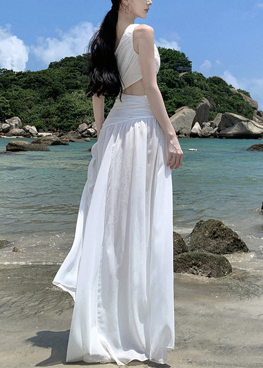 French White Asymmetrical Wrinkled Chiffon Vacation Dresses Sleeveless