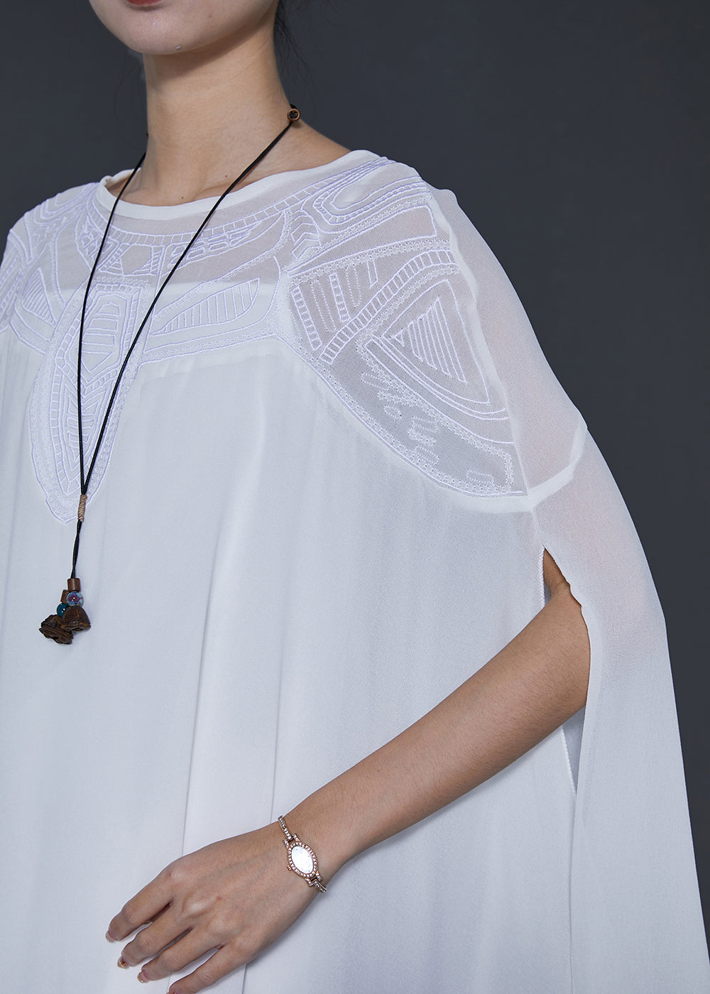 French White Embroidered Asymmetrical Chiffon Upf 50+ Shirt Summer