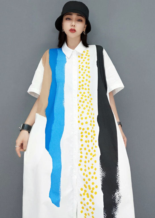 French White Peter Pan Collar Tie Dye Cotton a Line Dress Short Sleeve