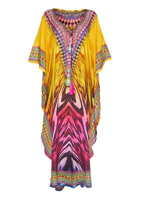 French Yellow Print Beach Gown Summer Dress