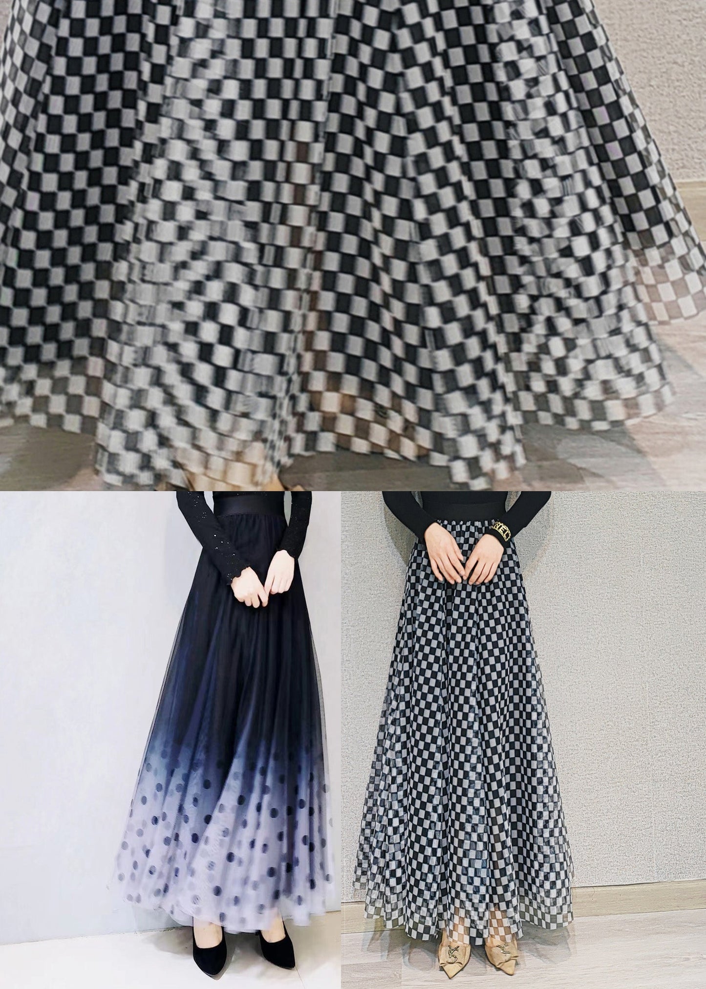 Gradient Color Blue Dot High Waist Tulle a Line Skirts Spring