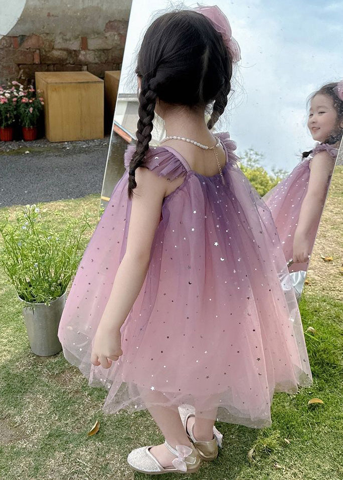 Gradient Color Pink O-neck Sequins Tulle Mid Dress Short Sleeve