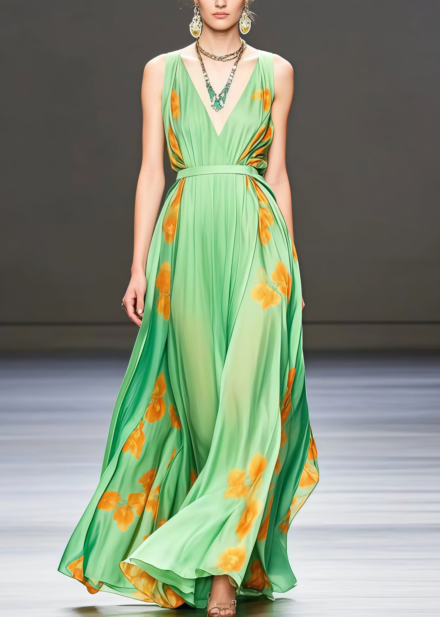 Grass Green Print Chiffon Vacation Dresses Exra Large Hem Summer