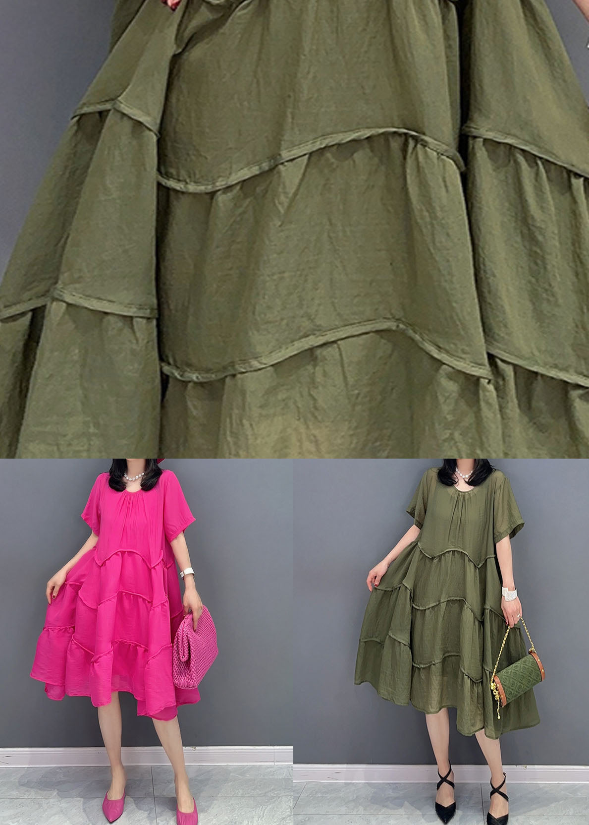 Green Patchwork Cotton 2 Piece Outfit Dress O-neck Wrinkled Summer