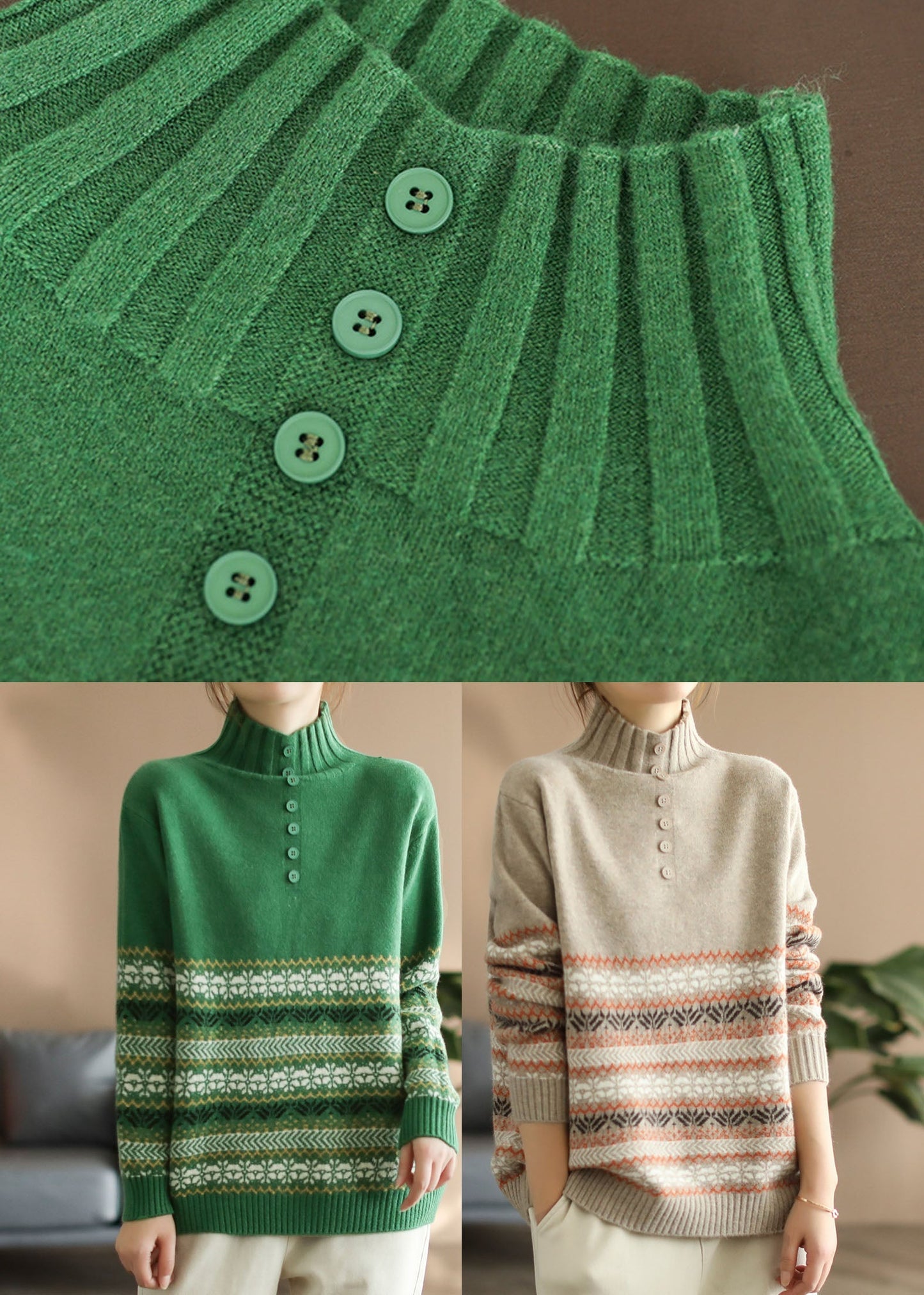 Green Thick Knitted Sweaters Button Print Long Sleeve