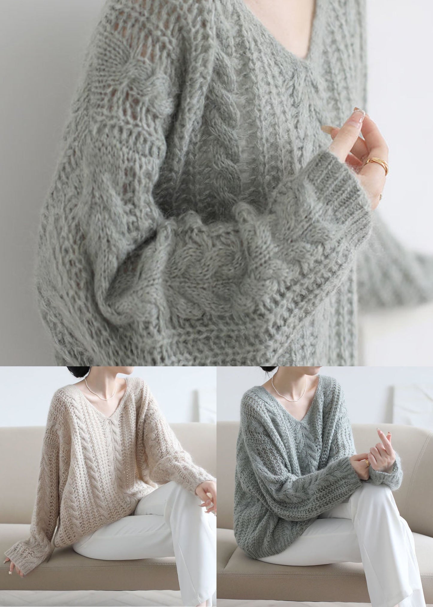 Grey Green Ma Hai Mao Cable Knit Sweaters Hollow Out Spring