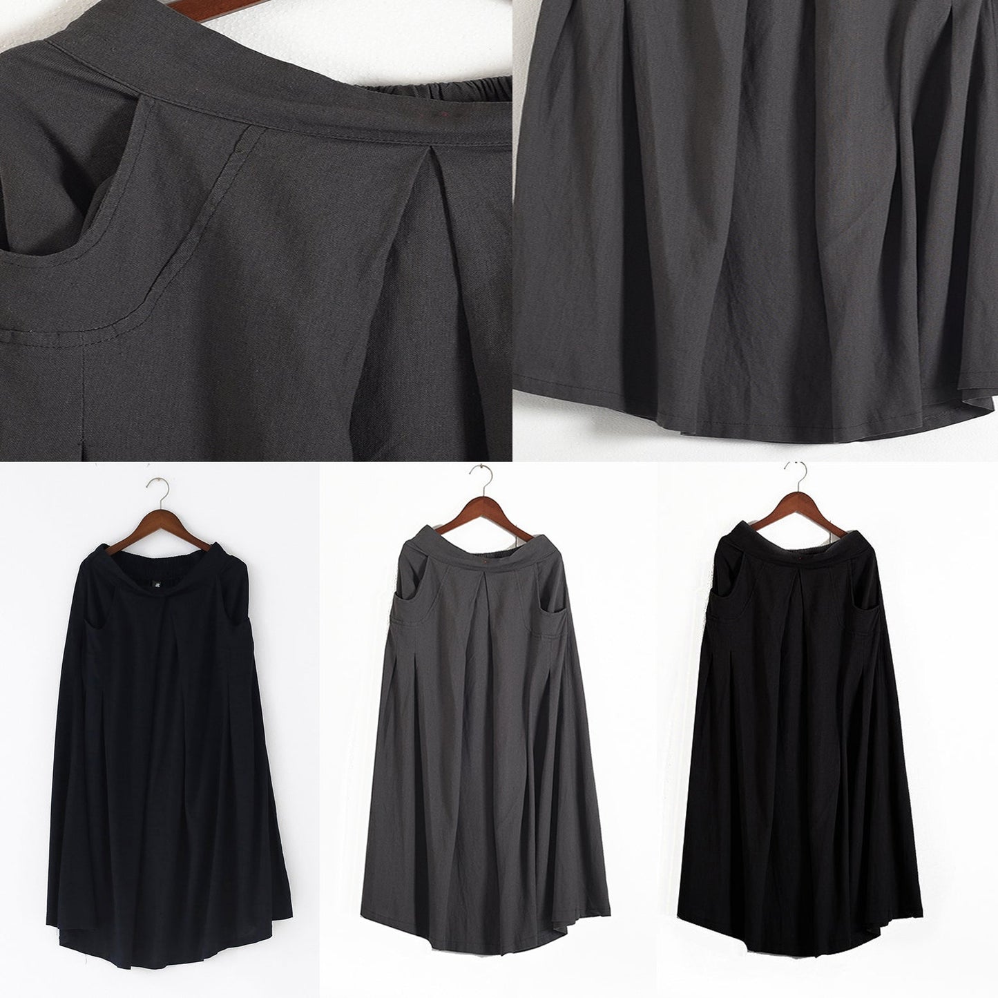 Grey Long Linen Maxi Skirt Pockets Pleated Skirts