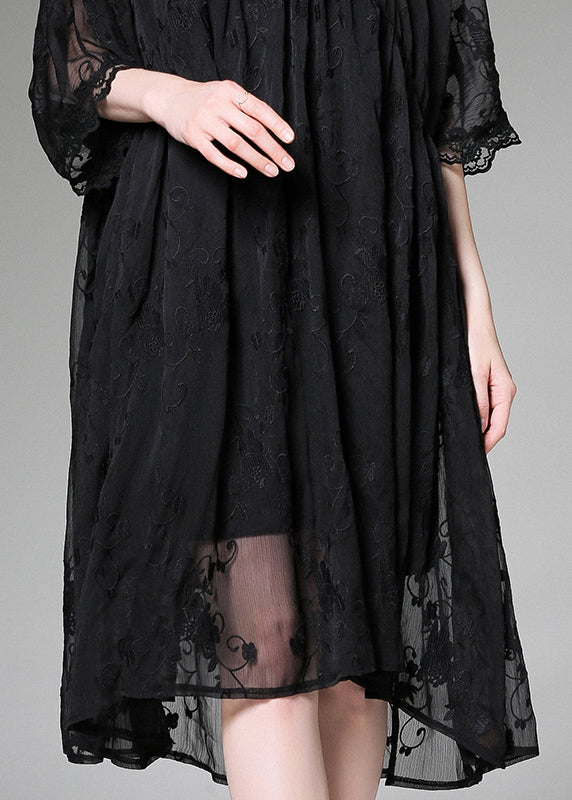 Handmade Black Embroidered Patchwork Tulle Two-piece Set Dress Summer