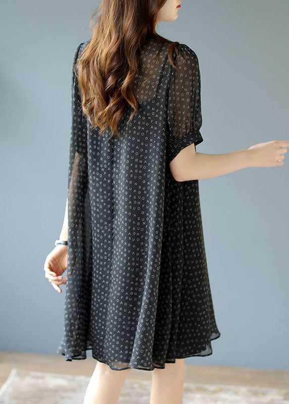 Handmade Black O-neck Letter Print Chiffon Two Piece Set Summer