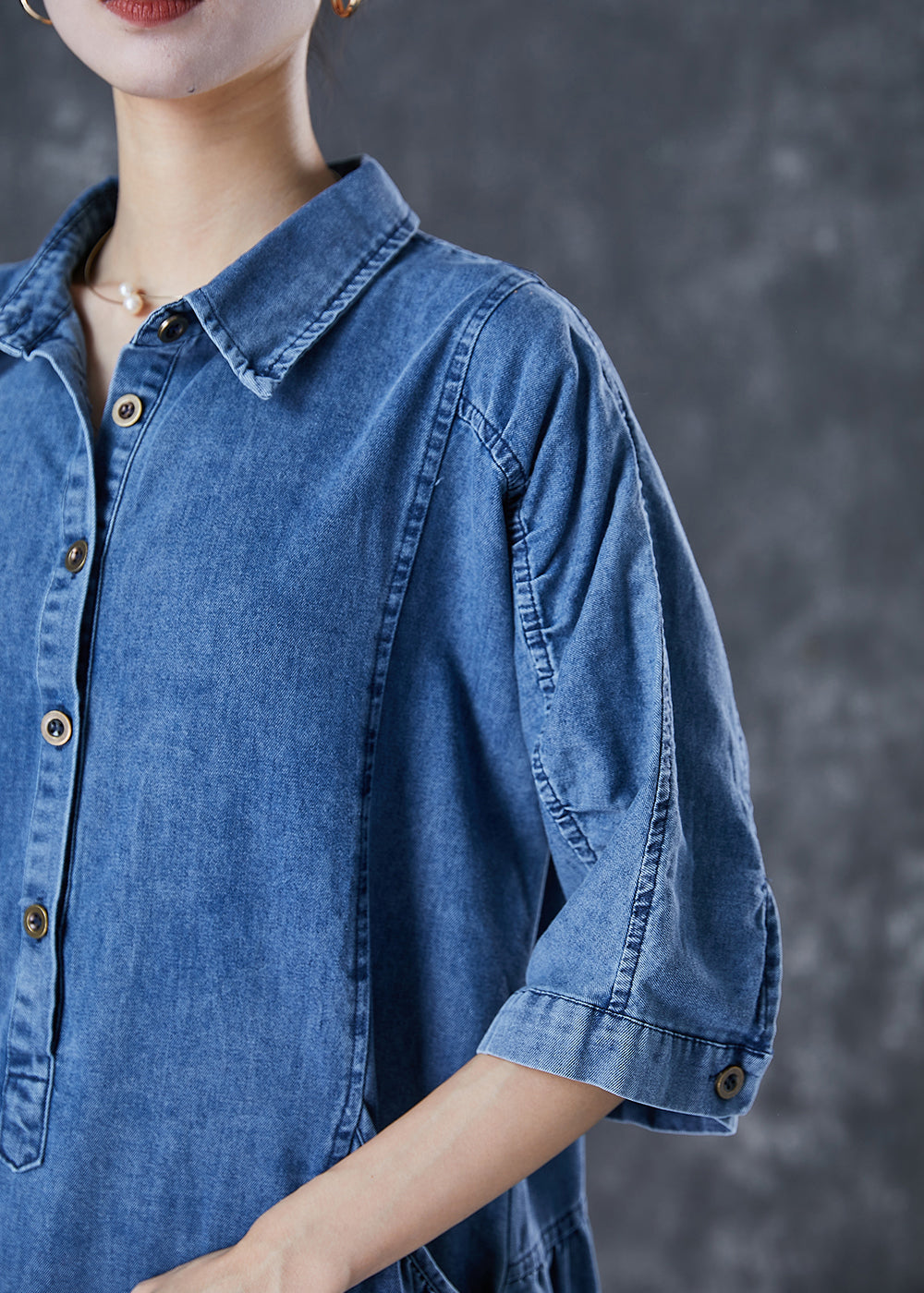 Handmade Blue Peter Pan Collar Denim a Line Dresses Half Sleeve