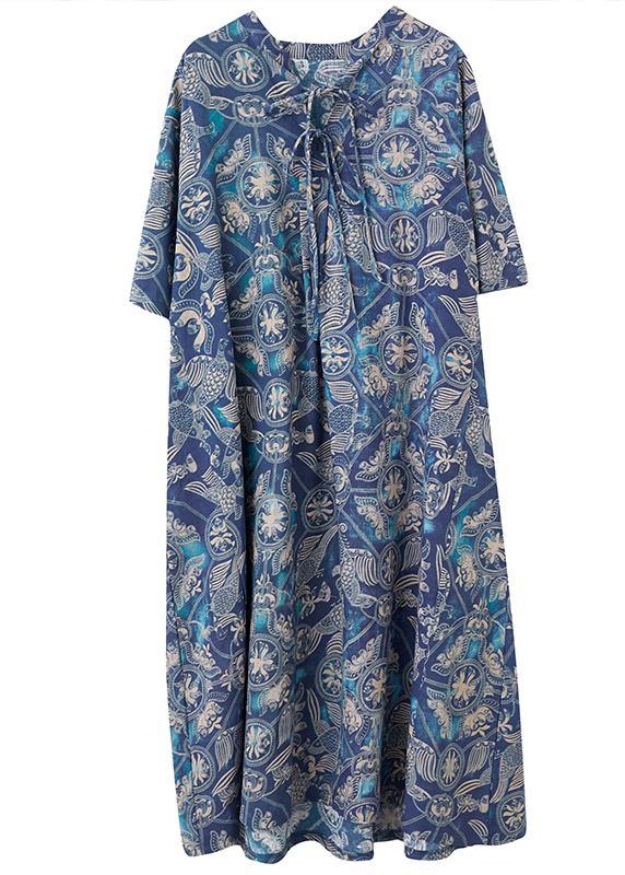 Handmade Blue Print Loose Maxi Summer Cotton Linen Dress