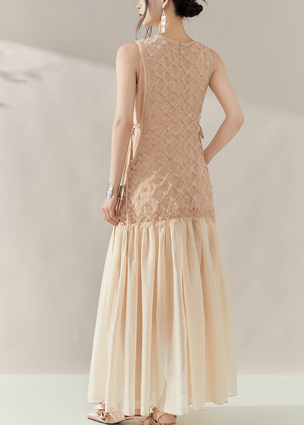 Handmade Champagne O-neck Tie Waist Tulle Patchwork Long Dress Sleeveless