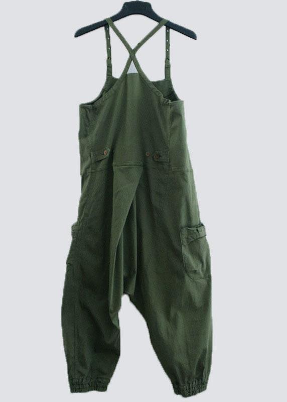 Handmade Green Pockets Button Fall Cotton Romper Outfit