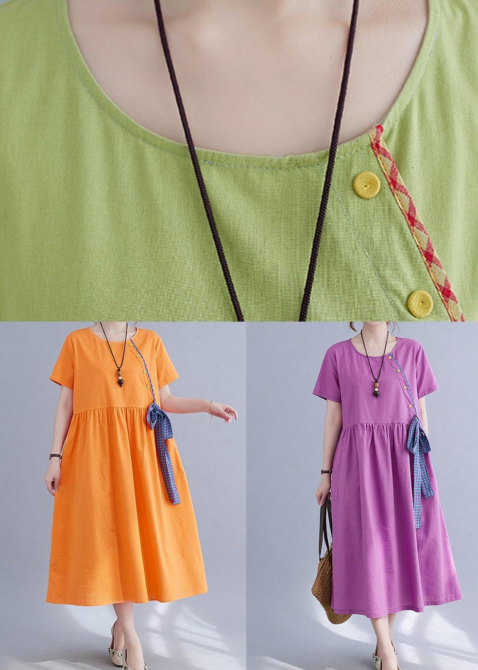 Handmade Green Loose Cotton Linen Summer Party Dress