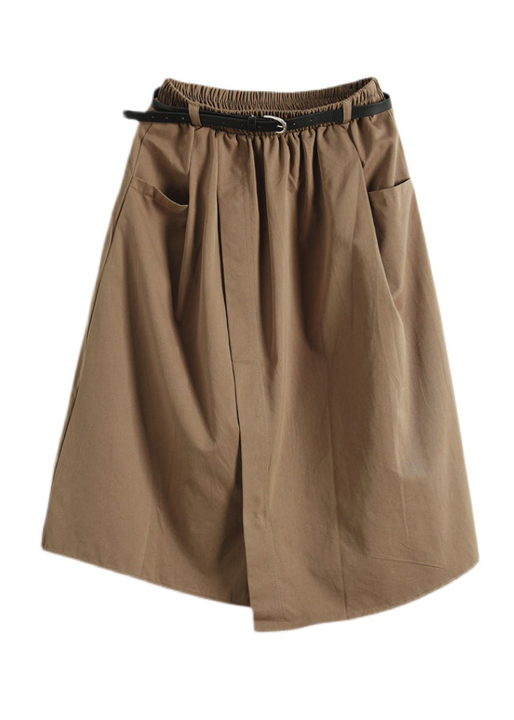 Handmade Khaki Oversized Patchwork Pockets Cotton a Line Skirt Summer