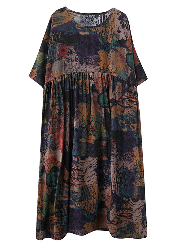 Handmade O-neck Print Patchwork Maxi Dresses Bracelet Sleeve
