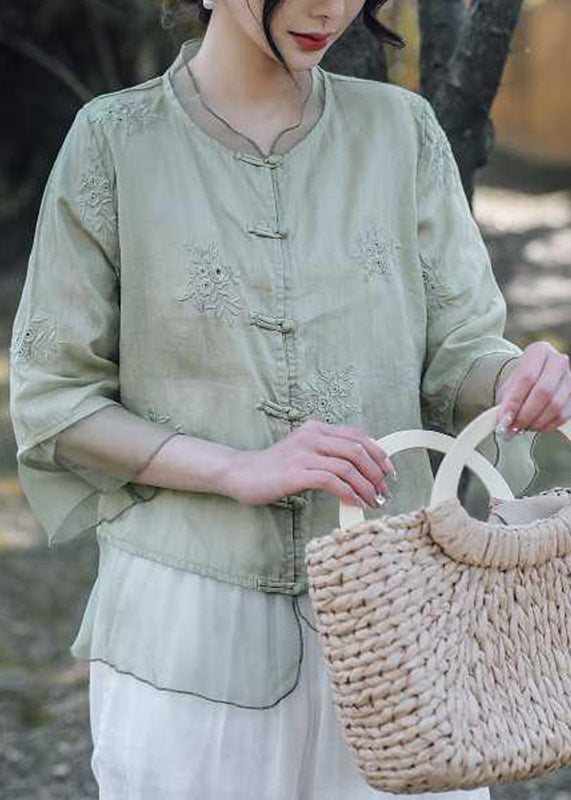 Handmade Pink O-neck Embroidered Button Shirts Summer