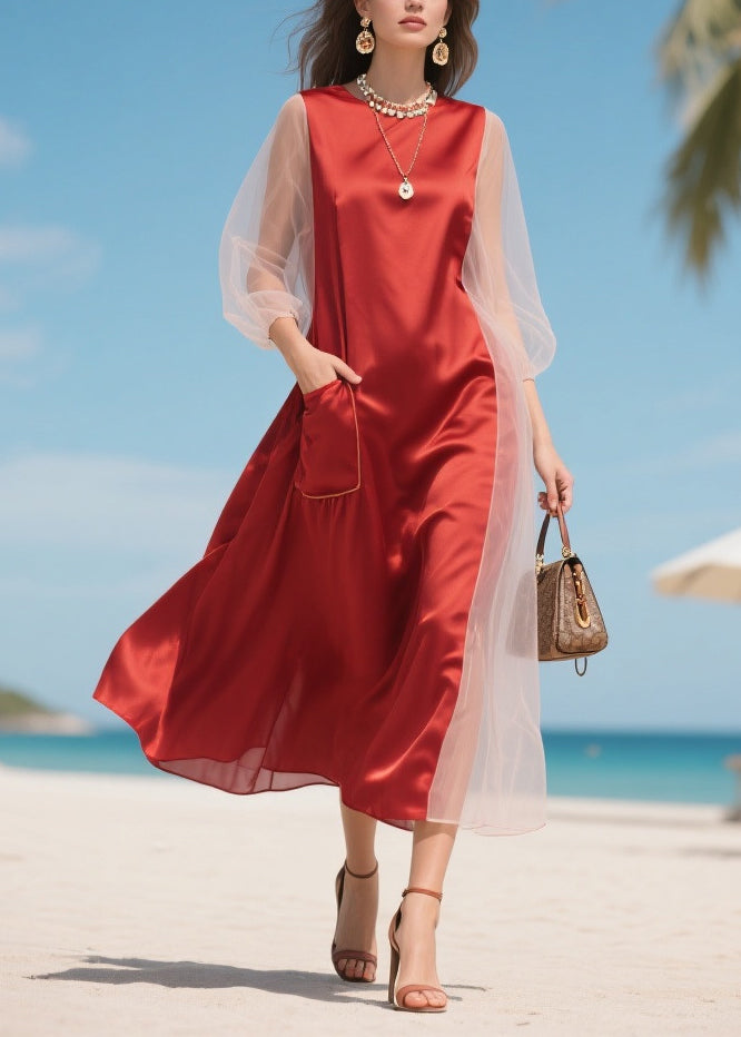 Handmade Red Asymmetrical Patchwork Tulle Robe Dresses Summer