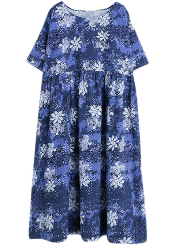 Italian Blue O-neck Cinched Print Maxi Dresses Short Sleeve